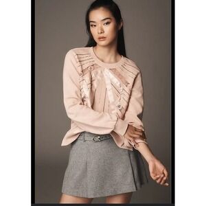 Anthropologie sweatshirt Medium pink bow embellished beaded satin lace panels